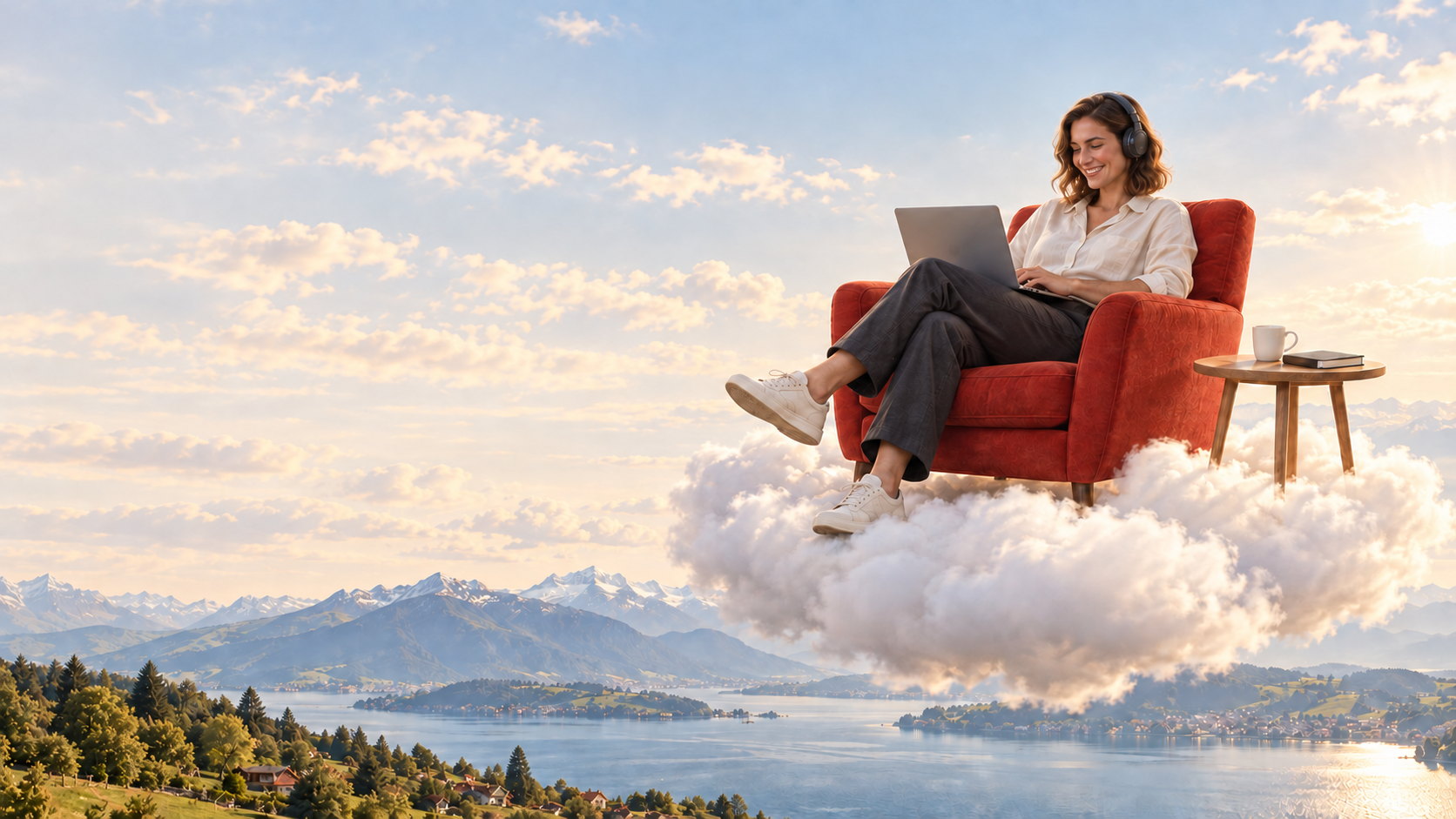 Juristin lernt mit Laptop in einem roten Sessel auf einer Wolke über einem Schweizer See mit Bergpanorama